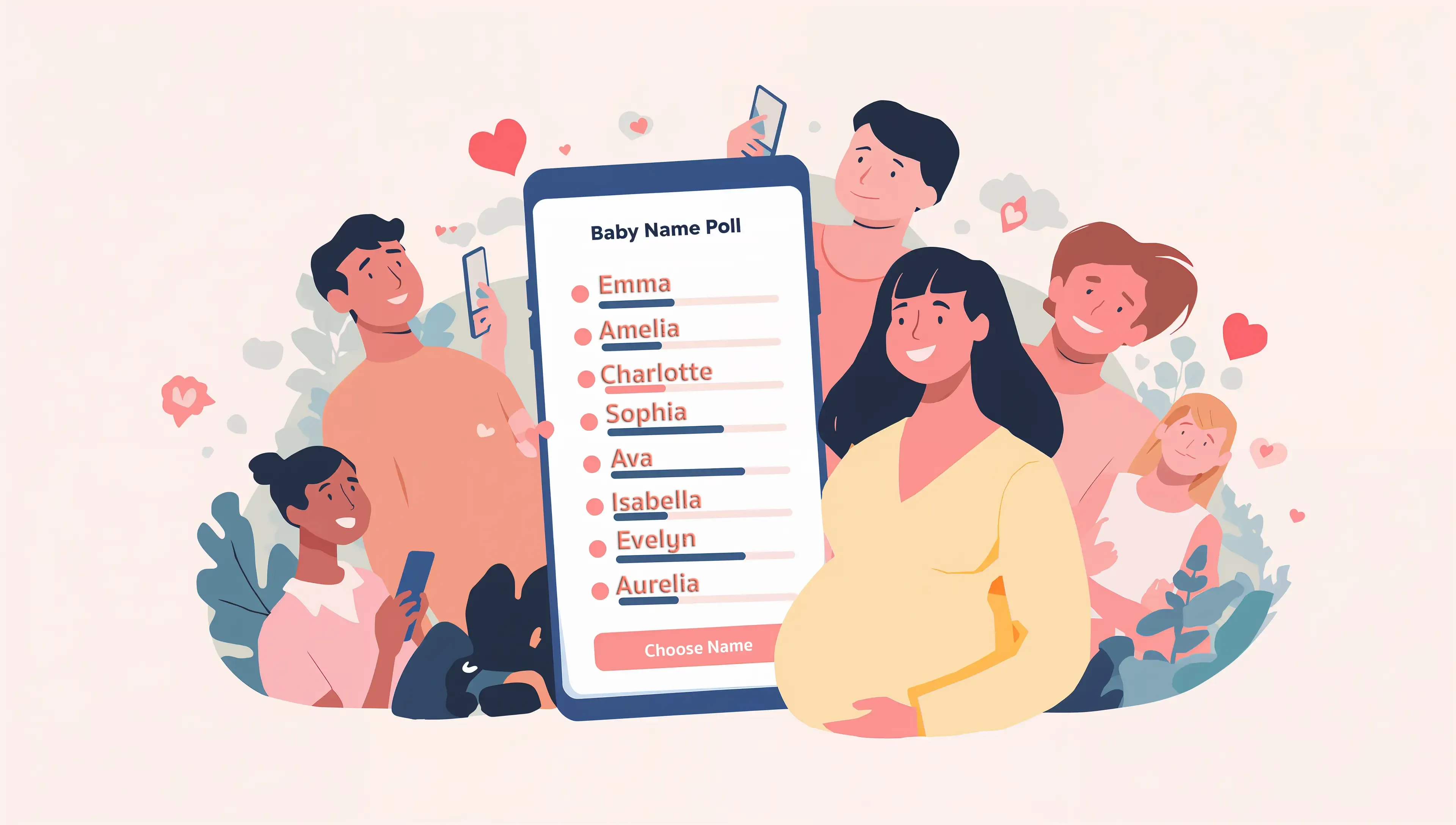 Expecting couple relaxing on the sofa and checking baby name poll results that include opinions from family.