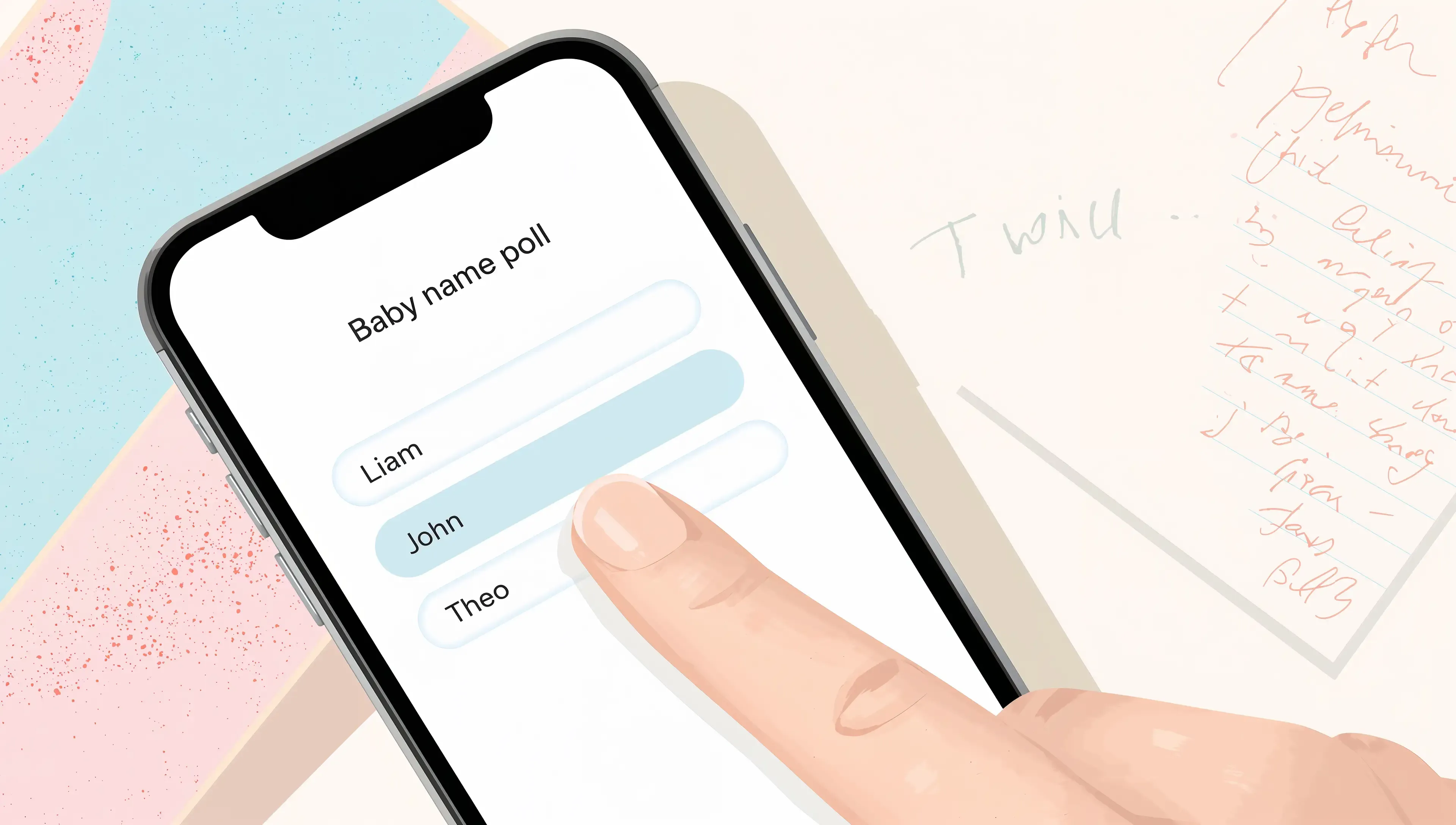 Phone screen with a baby name poll where someone is voting on their favourite name.