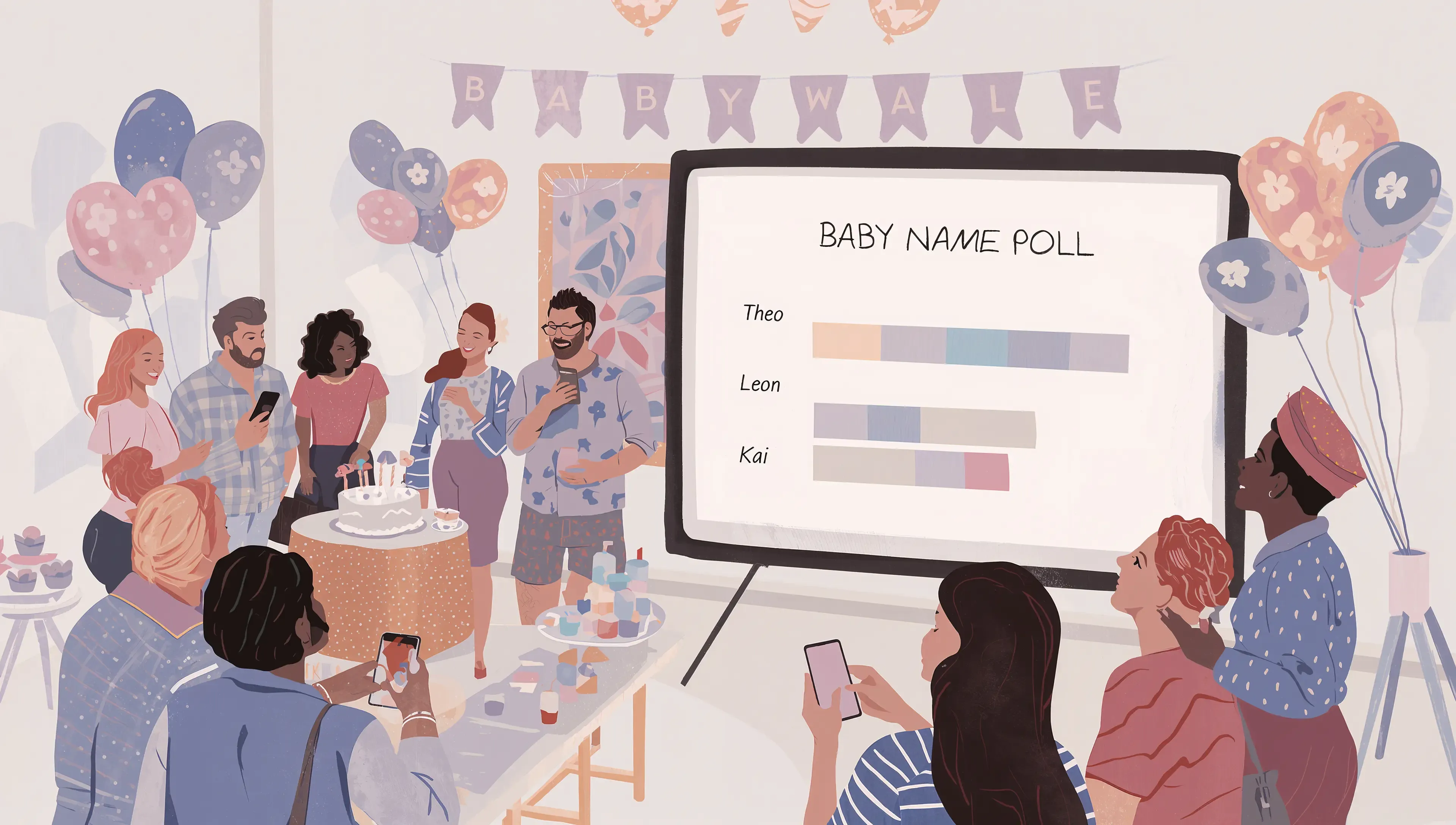 Guests at a baby shower looking at their phones while a screen shows a live baby name poll with Ruby, Theo, Leon and Kai.
