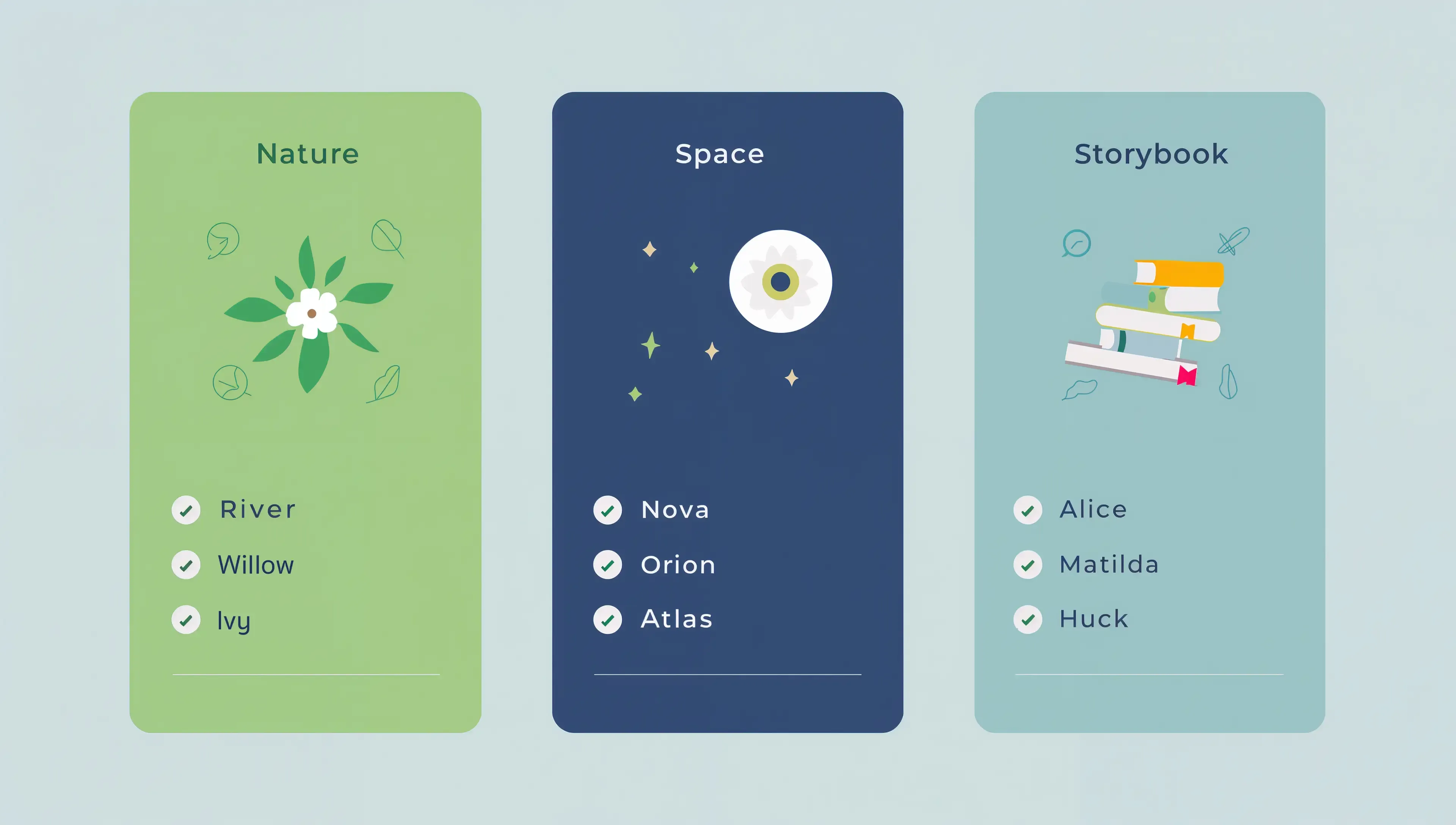 Creative themed baby name poll cards showing nature names River Willow Ivy, space names Nova Orion Atlas, storybook names Alice Matilda Huck