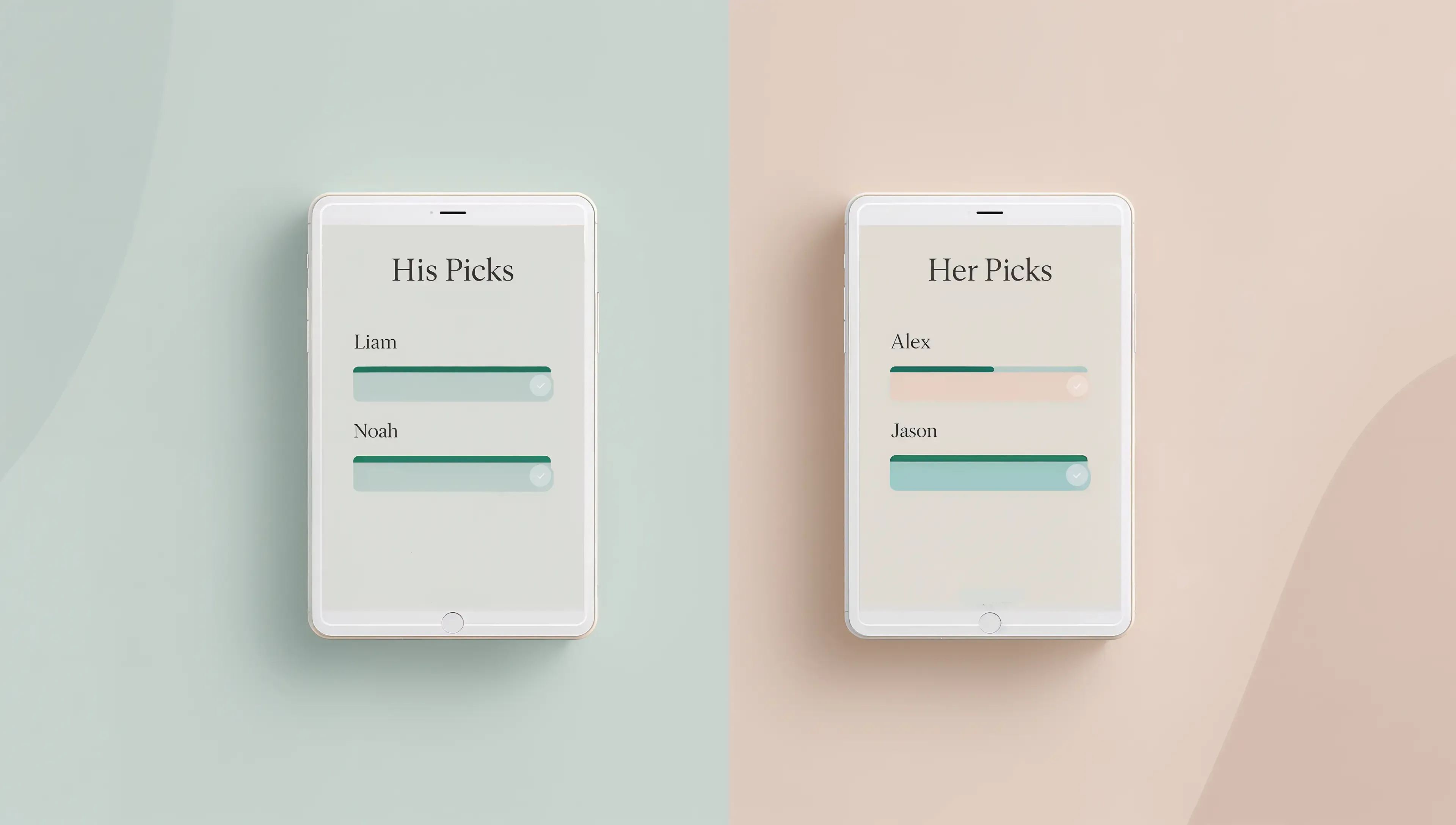His vs her baby name poll illustration showing vote bars for Liam, Noah, Alex, and Jason on pastel tablet screens